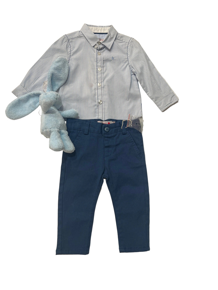 Boboli SIze 9M Blue striped long-sleeve polo shirt and Navy skinny pants Set with Free Blue Bunny Rattle Special Combo