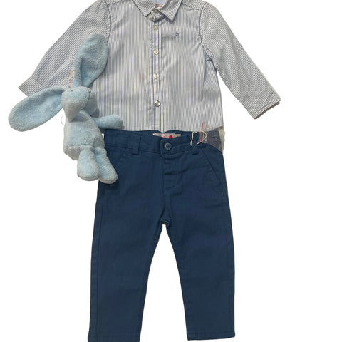 Boboli SIze 9M Blue striped long-sleeve polo shirt and Navy skinny pants Set with Free Blue Bunny Rattle Special Combo