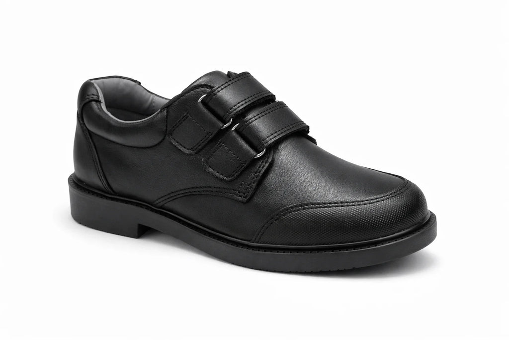 SPINGO Boys Black Leather School Shoes - Velcro Strap