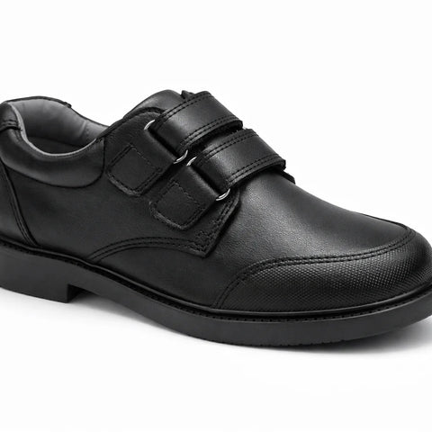 SPINGO Boys Black Leather School Shoes - Velcro Strap