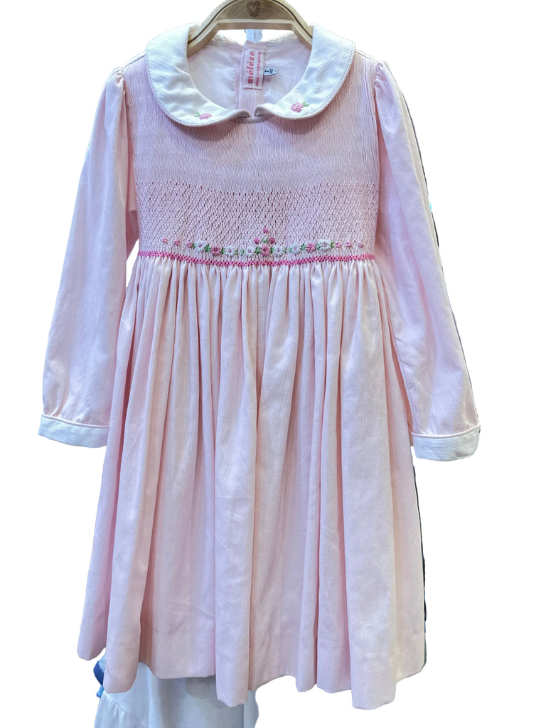 Meleze Hand Smocked Dress Long Sleeves Pink Rose Flower