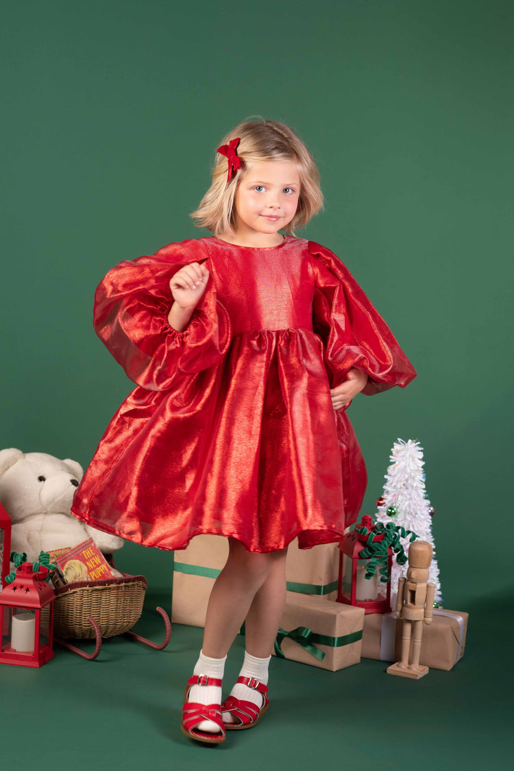 Rock Your Kid Red Metallic Puff Sleeve Dress