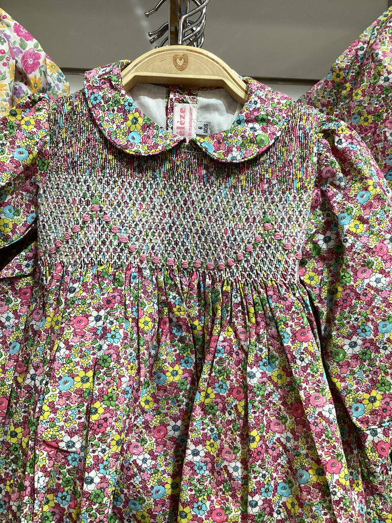 Meleze Hand Smocked Dress Long Sleeves PYG Floral 6M-8Y