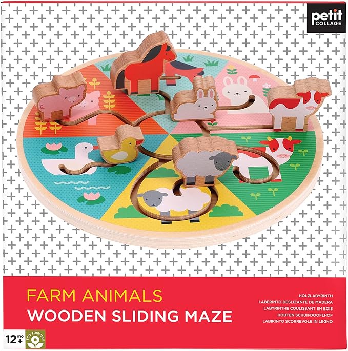 Petit Collage Farm Animals Wooden Sliding Maze Red