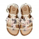 WHITE SANDALS WITH PINK AND GREY POMPONS FOR GIRLS