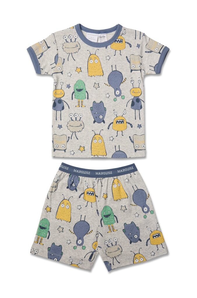 Marquise Boys Grey Crazy Monsters Pyjamas Cotton Short Sleeve