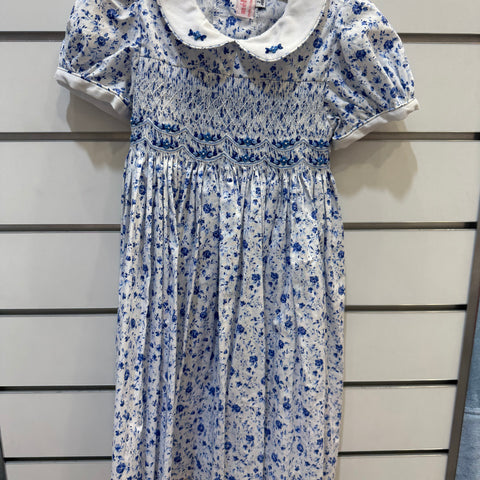 Meleze Hand Smocked Dress White Blue Floral 02 1-8Y