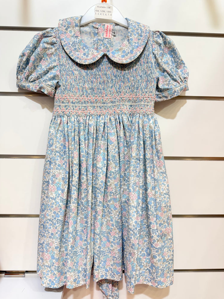 Meleze Hand Smocked Dress Short Sleeves Bluebell Whisper With Collar 6M-8Y
