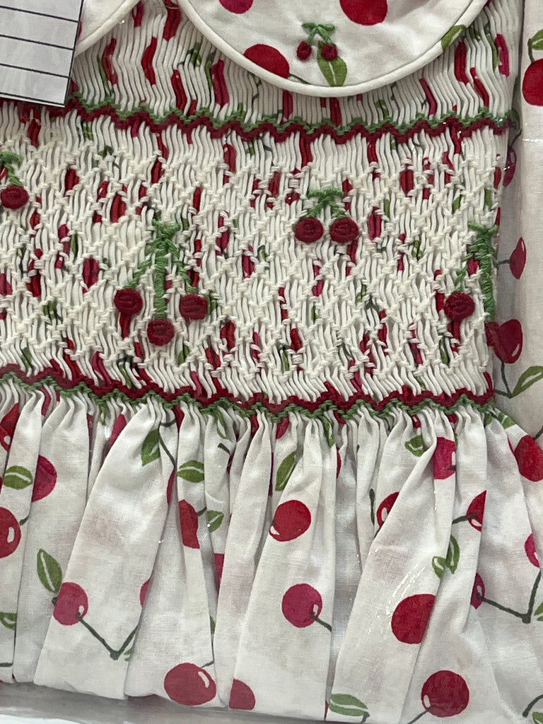 Meleze Hand Smocked Dress White Cherry Floral 009 1-8Y