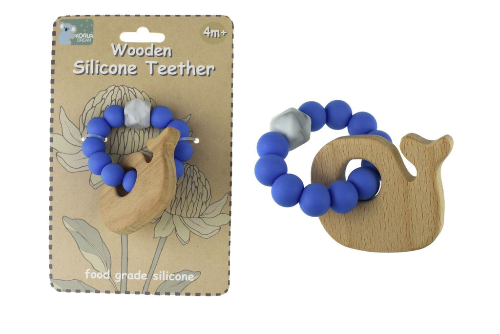 Koala Dream WOODEN SILICONE WHALE TEETHER-BLUE
