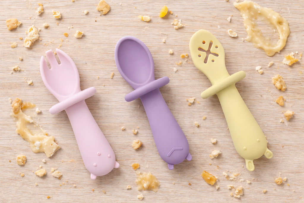 SILICONE ANIMAL SENSORY SPOONS-PINK YELLOW