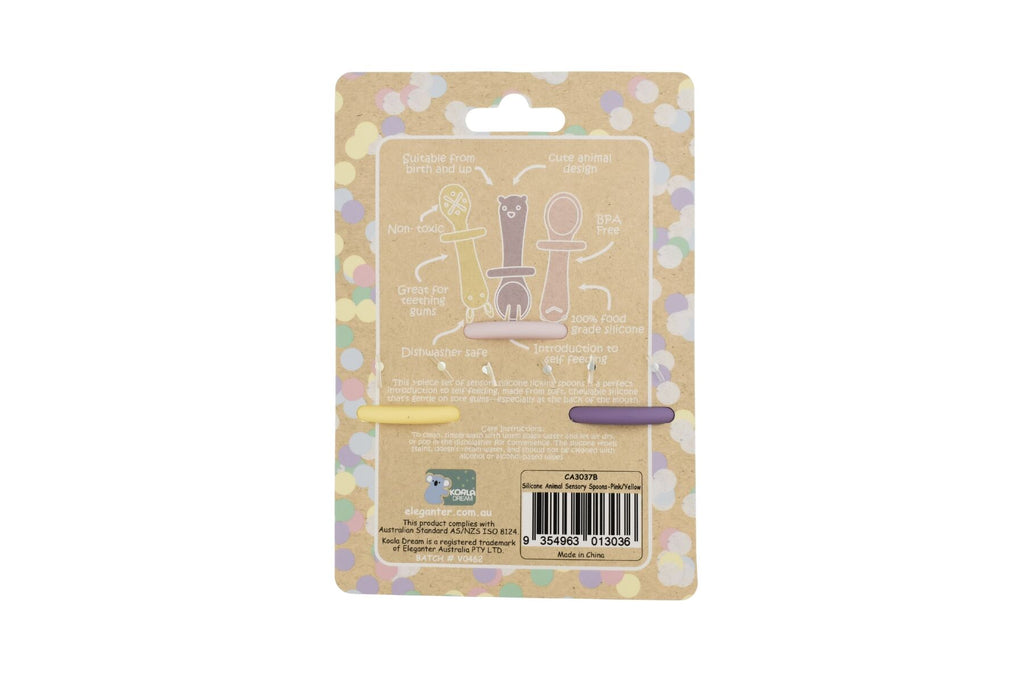 SILICONE ANIMAL SENSORY SPOONS-PINK YELLOW