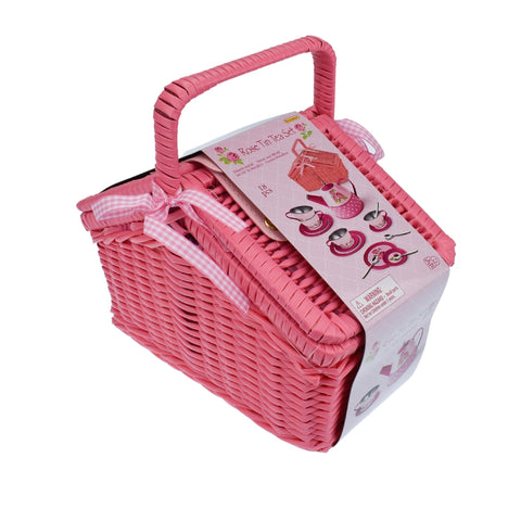 ROSE TIN TEA SET IN PICNIC BASKET 18PCS