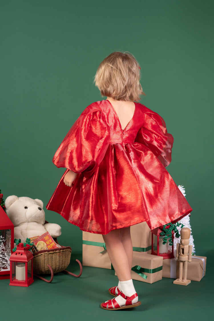 Rock Your Kid Red Metallic Puff Sleeve Dress