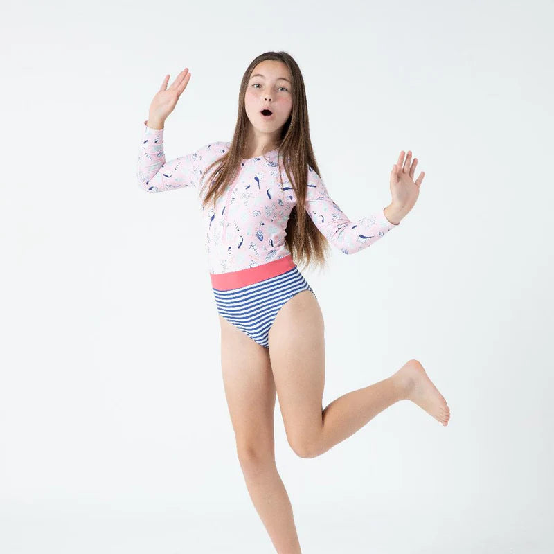 Lesimo Teen Girls Long Sleeves One Piece Rashguard - Seashell Treasures with MATCHING HAIRBAND
