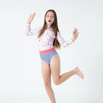 Lesimo Teen Girls Long Sleeves One Piece Rashguard - Seashell Treasures with MATCHING HAIRBAND