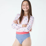 Lesimo Teen Girls Long Sleeves One Piece Rashguard - Seashell Treasures with MATCHING HAIRBAND