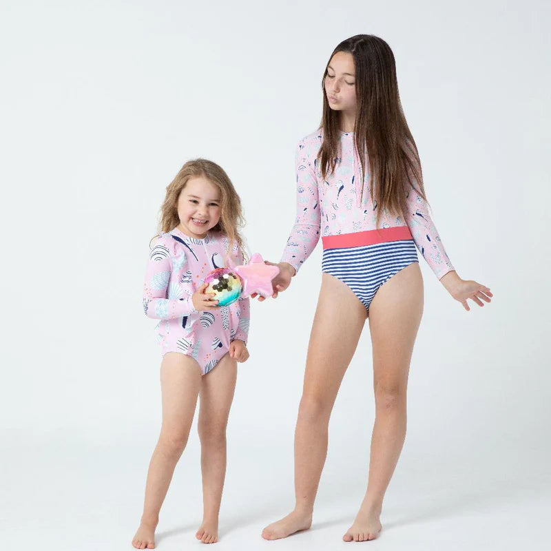 Lesimo Teen Girls Long Sleeves One Piece Rashguard - Seashell Treasures with MATCHING HAIRBAND