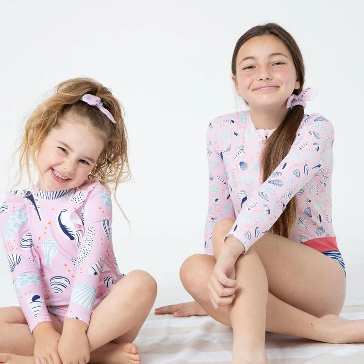 Lesimo Teen Girls Long Sleeves One Piece Rashguard - Seashell Treasures with MATCHING HAIRBAND
