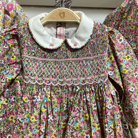 Meleze Hand Smocked Dress Long Sleeves PYG Floral 6M-8Y