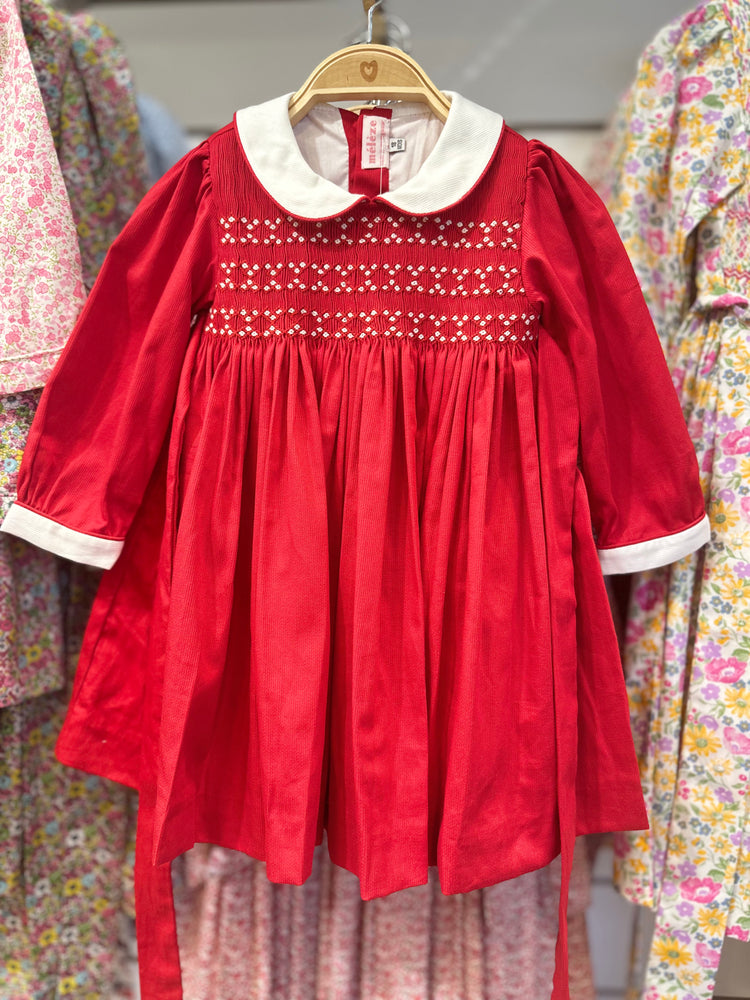 Meleze Hand Smocked Dress Long Sleeves Red UR001