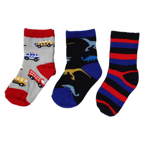 KORANGO Cars & Dinosaur Socks 3pk Assorted