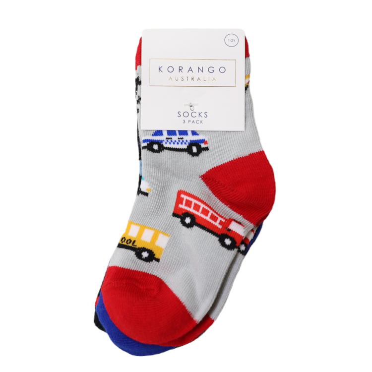 KORANGO Cars & Dinosaur Socks 3pk Assorted