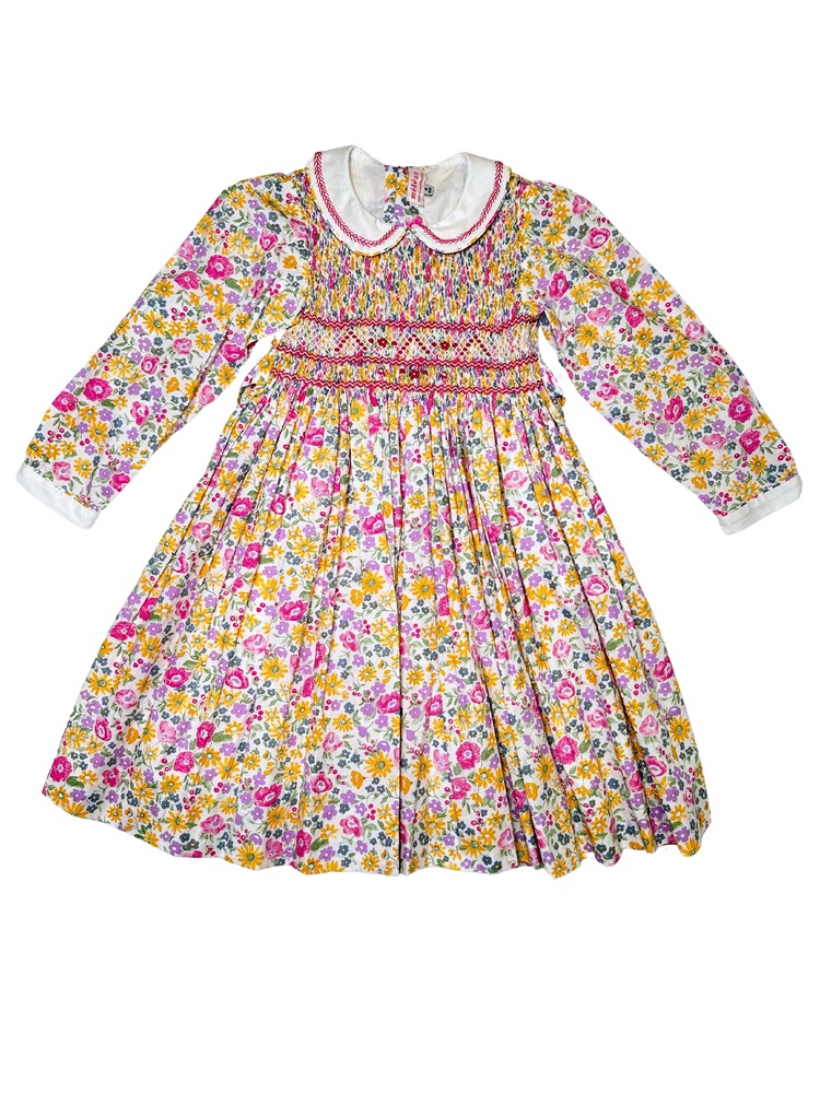 Meleze Hand Smocked Dress Long Sleeves Pink Yellow Floral 6M-8Y