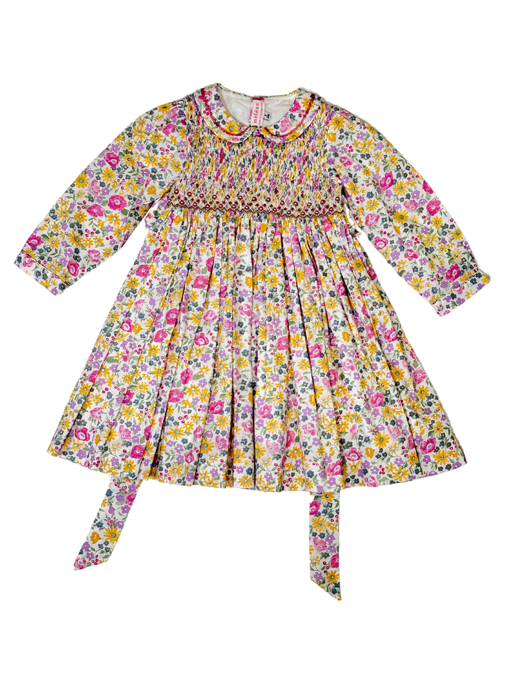 Meleze Hand Smocked Dress Long Sleeves Pink Yellow Floral 6M-8Y