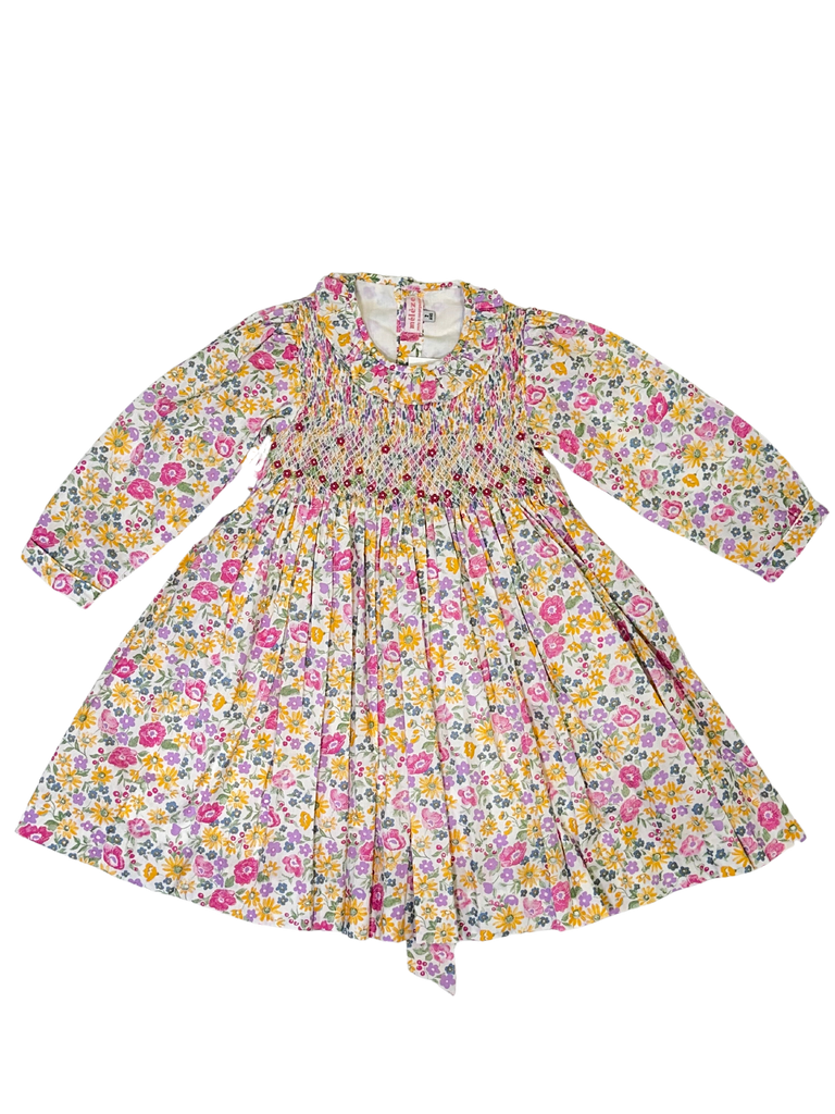 Meleze Hand Smocked Dress Long Sleeves Pink Yellow Floral 6M-8Y