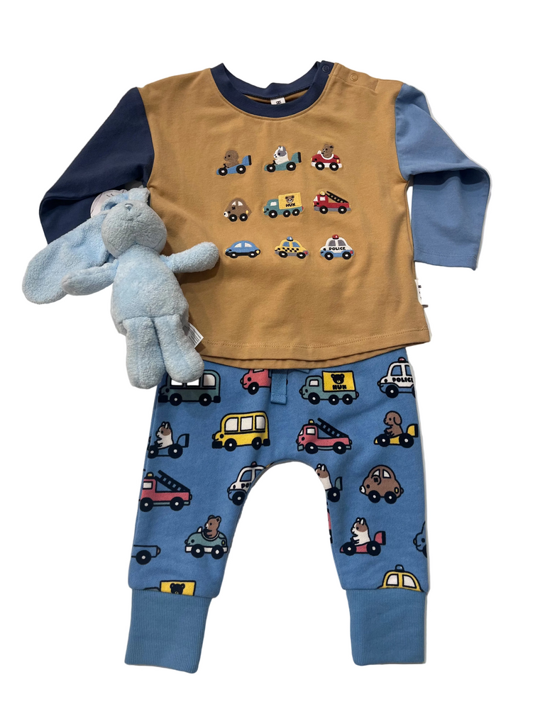 Huxbaby Size 1 Huxmobile Top and Huxmobile Drop Crotch Pant Set with Free Blue Bunny Rattle Special Combo