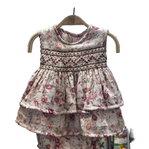Meleze Hand Smocked Dress Short Sleeves White with Peonies Romper 6M-2Y