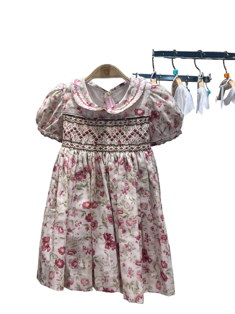 Meleze Hand Smocked Dress Short Sleeves White with Peonies 2Y - 8Y