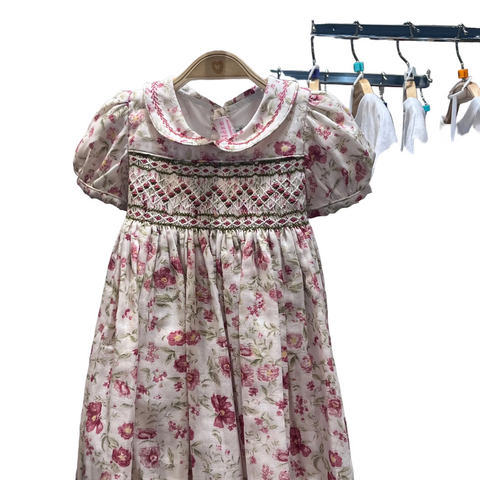 Meleze Hand Smocked Dress Short Sleeves White with Peonies 2Y - 8Y