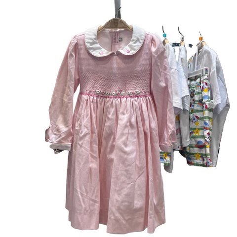 Meleze Hand Smocked Dress Long Sleeves Pink Rose Flower