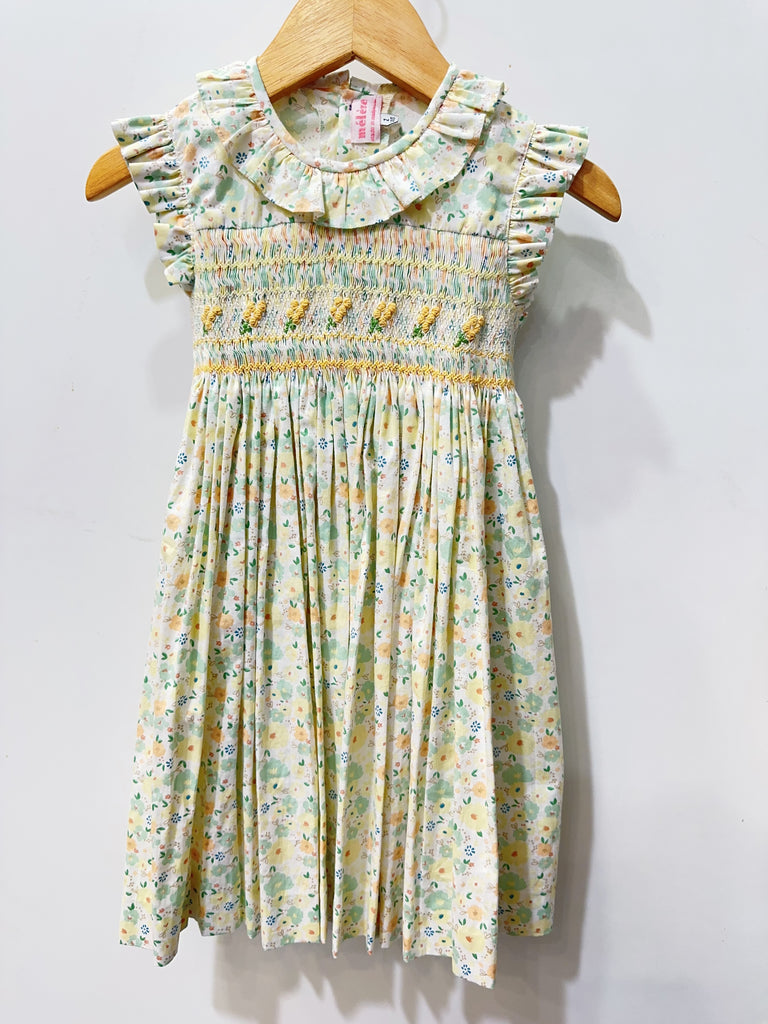 Meleze Hand Smocked Dress Yellow/Green 01 Floral 2-8Y