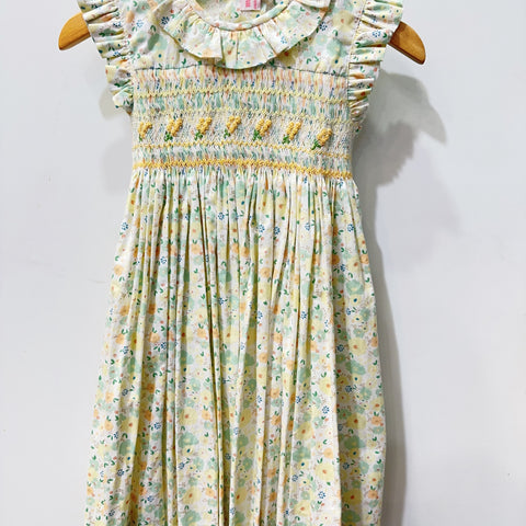 Meleze Hand Smocked Dress Yellow/Green 01 Floral 2-8Y