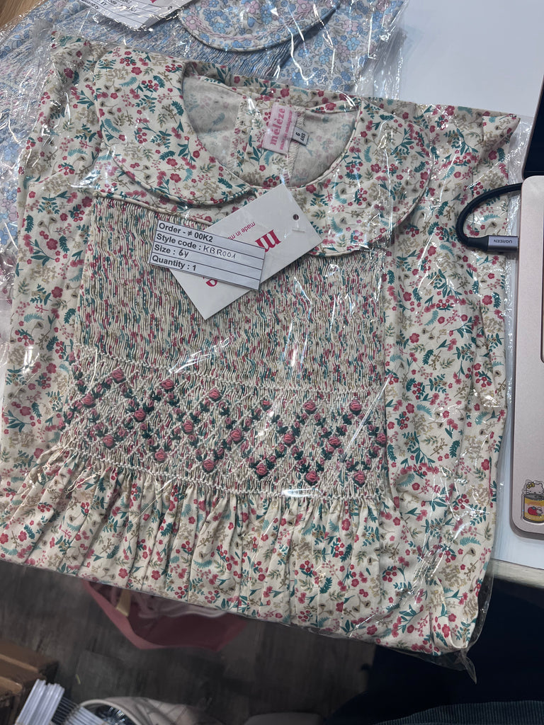 Meleze Hand Smocked Dress Short Sleeves Meadow Rose 6M-8Y