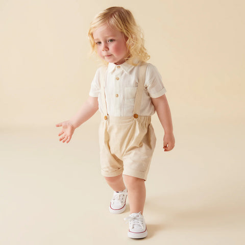 Desinger Kidz Finley Linen Suspender Shorts - Sand