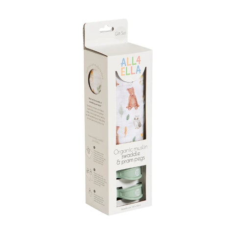 ALL4ELLA Organic muslin swaddle & 2 pram peg gift set - Forest Friends