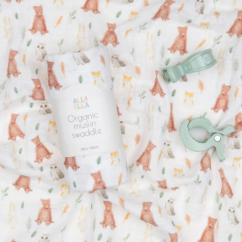 ALL4ELLA Organic muslin swaddle & 2 pram peg gift set - Forest Friends