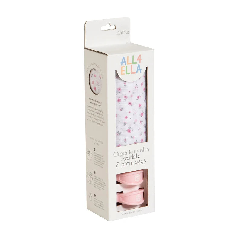 ALL4ELLA Organic muslin swaddle & 2 pram peg gift set - Pink Petals