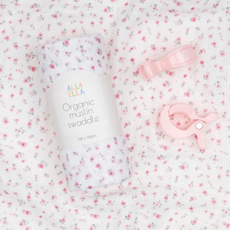 ALL4ELLA Organic muslin swaddle & 2 pram peg gift set - Pink Petals