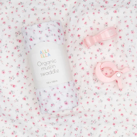 ALL4ELLA Organic muslin swaddle & 2 pram peg gift set - Pink Petals
