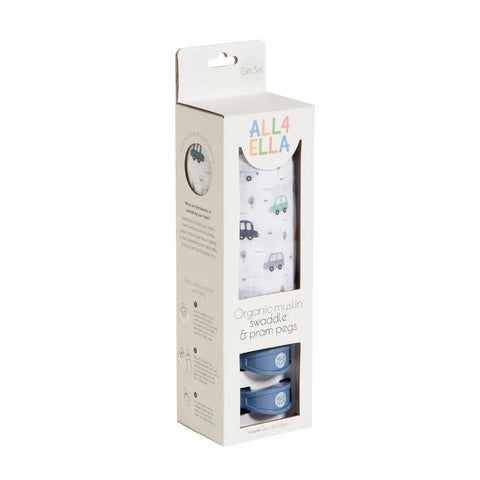 ALL4ELLA Organic muslin swaddle & 2 pram peg gift set - Beep Beep