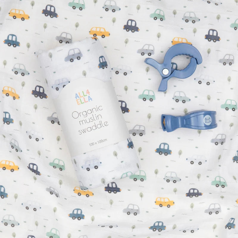 ALL4ELLA Organic muslin swaddle & 2 pram peg gift set - Beep Beep