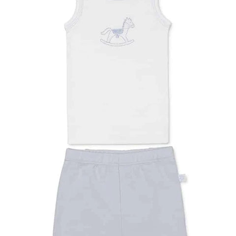 Marquise Boys Rocking Horse Singlet and Short Set Pyjamas -White/Blue hourse