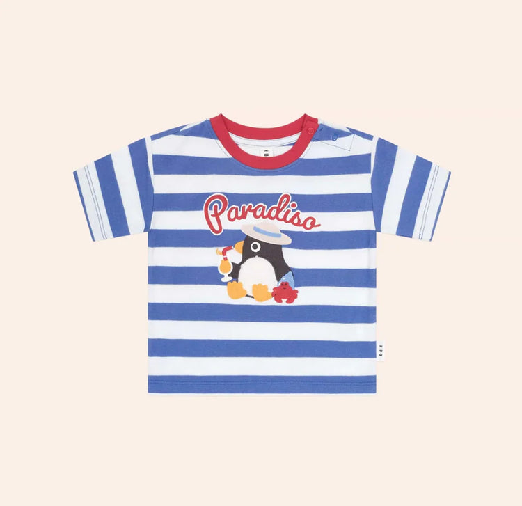 Size 6-12 Huxbaby PARADISO PERCY STRIPE TEE and TOSHI BABY SHORTS BILLY/MIDNIGHT with Free LIL FRIENDS KING PENGUIN