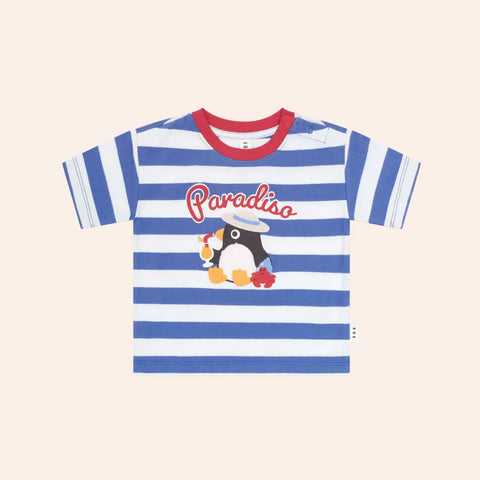 Size 6-12 Huxbaby PARADISO PERCY STRIPE TEE and TOSHI BABY SHORTS BILLY/MIDNIGHT with Free LIL FRIENDS KING PENGUIN