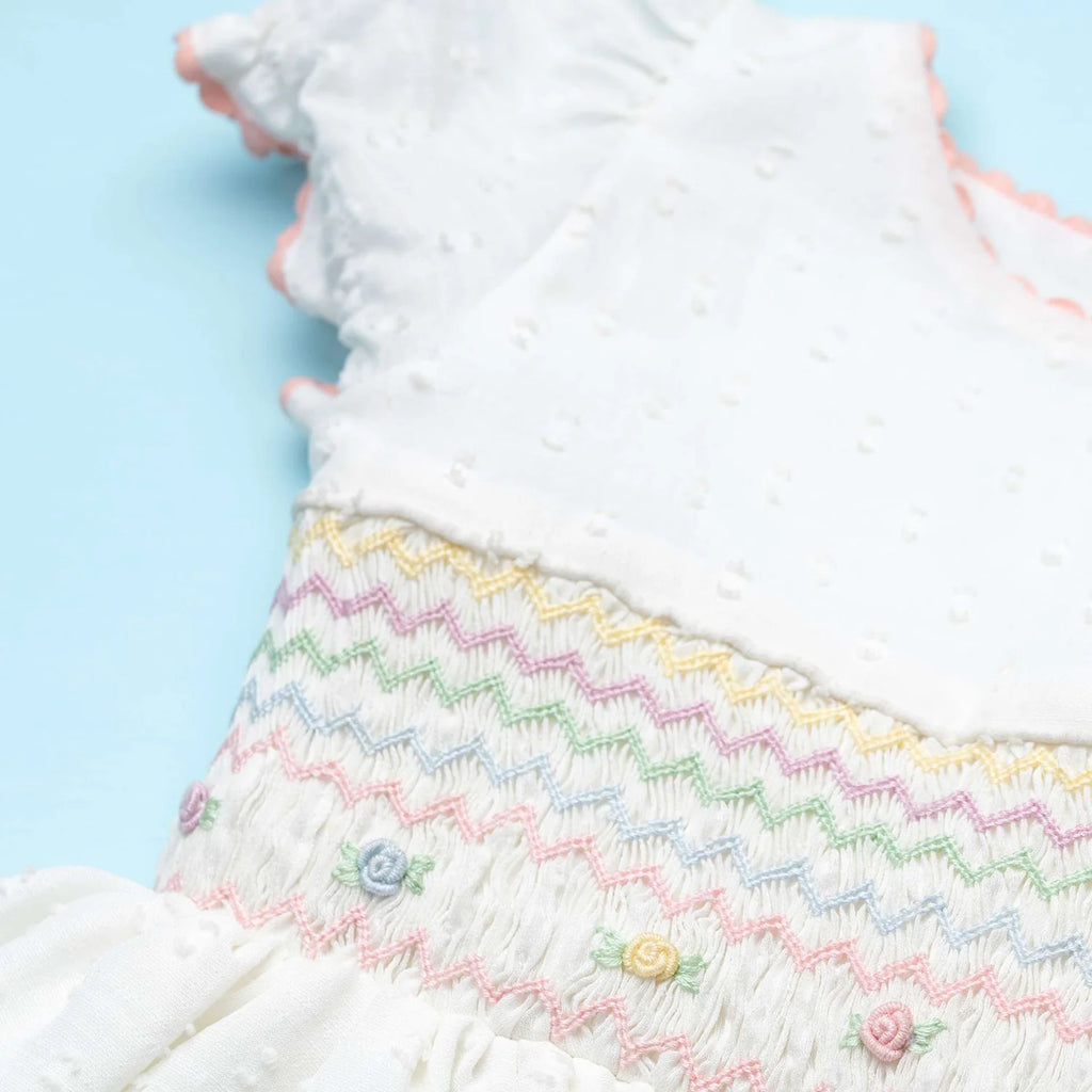 Soleilclo Ivory Swiss Dot Smocked Girls Dress